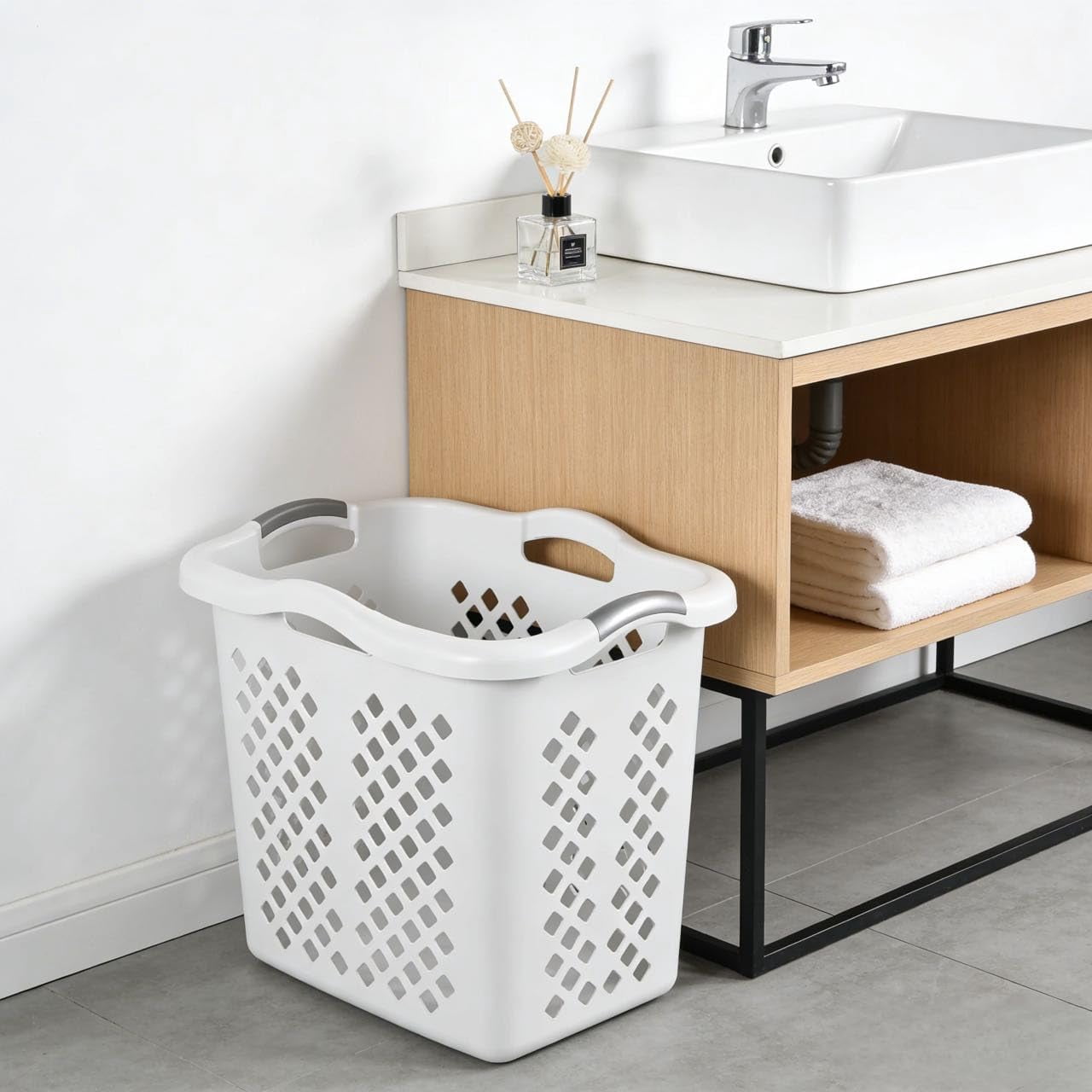 2-bushel capacity laundry baskets with silver handles, white, 2-PACK