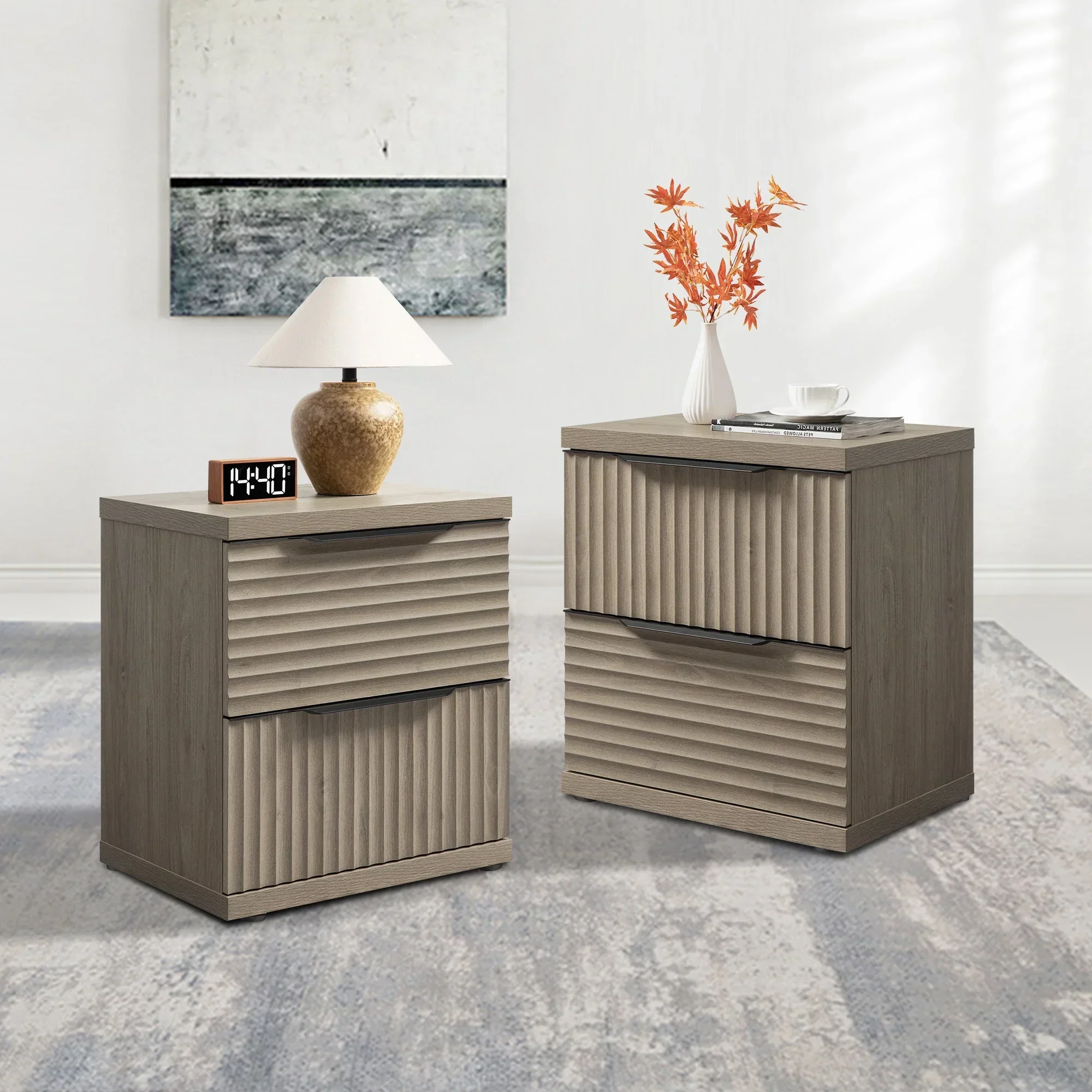 SICOTAS Modern Fluted 2 Drawer Nightstands Set of 2, Small Wooden Bedside Tables with Drawers & Black Handles, End Table for Bedroom, Living Room in Grey