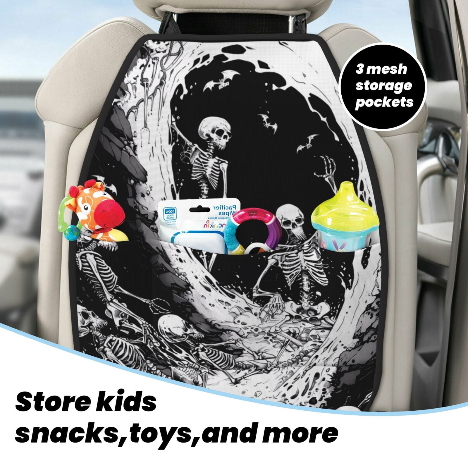 Xecao Skeleton Wave Artwork Pattern Car Seat Back Protector 2 Pack Large Capacity Pocket, Kick Mats Back Seat Protector
