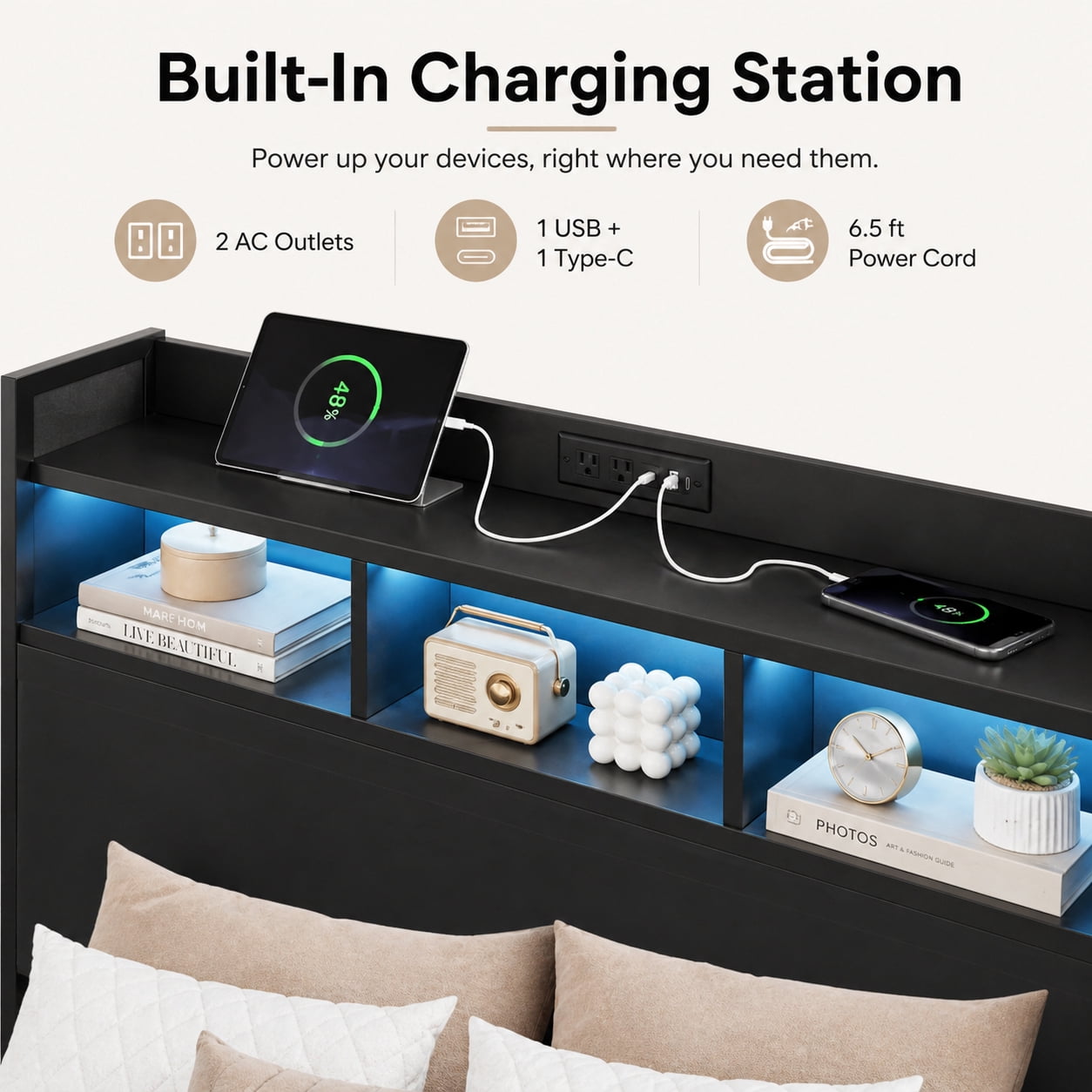 Miniyam Full Platform Bed Frame with Bookcase Headboard, Charging Station, LED Lights, Side Storage Shelves, Black