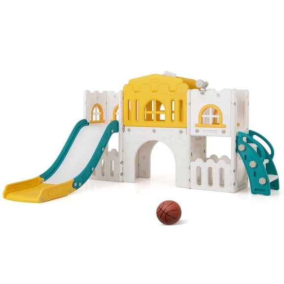 Barara King All-in-1 Indoor Slide with Tunnel and Ladder and Basketball, Kids Baby Toddler Slide for Indoor, Kids, Yellow
