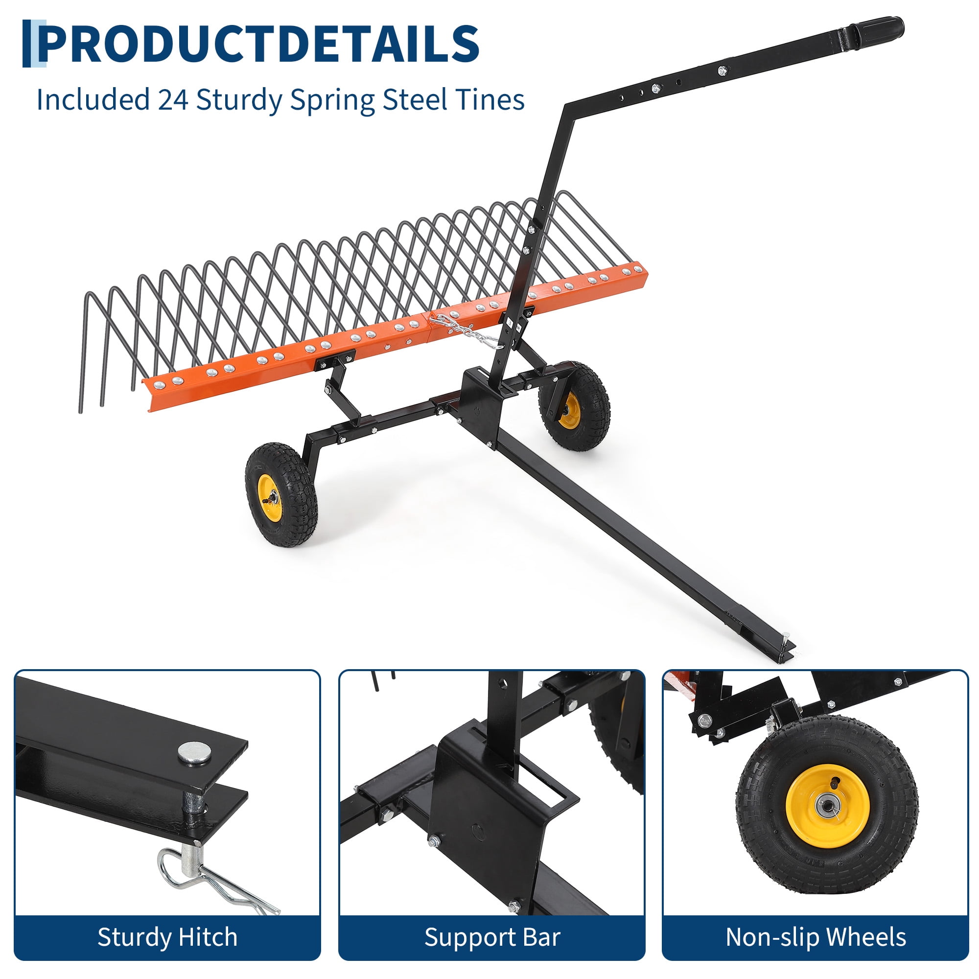 CazToi 60 Inch Lawn Dethatcher with 24 Tines for Thatch Removal Tow Behind