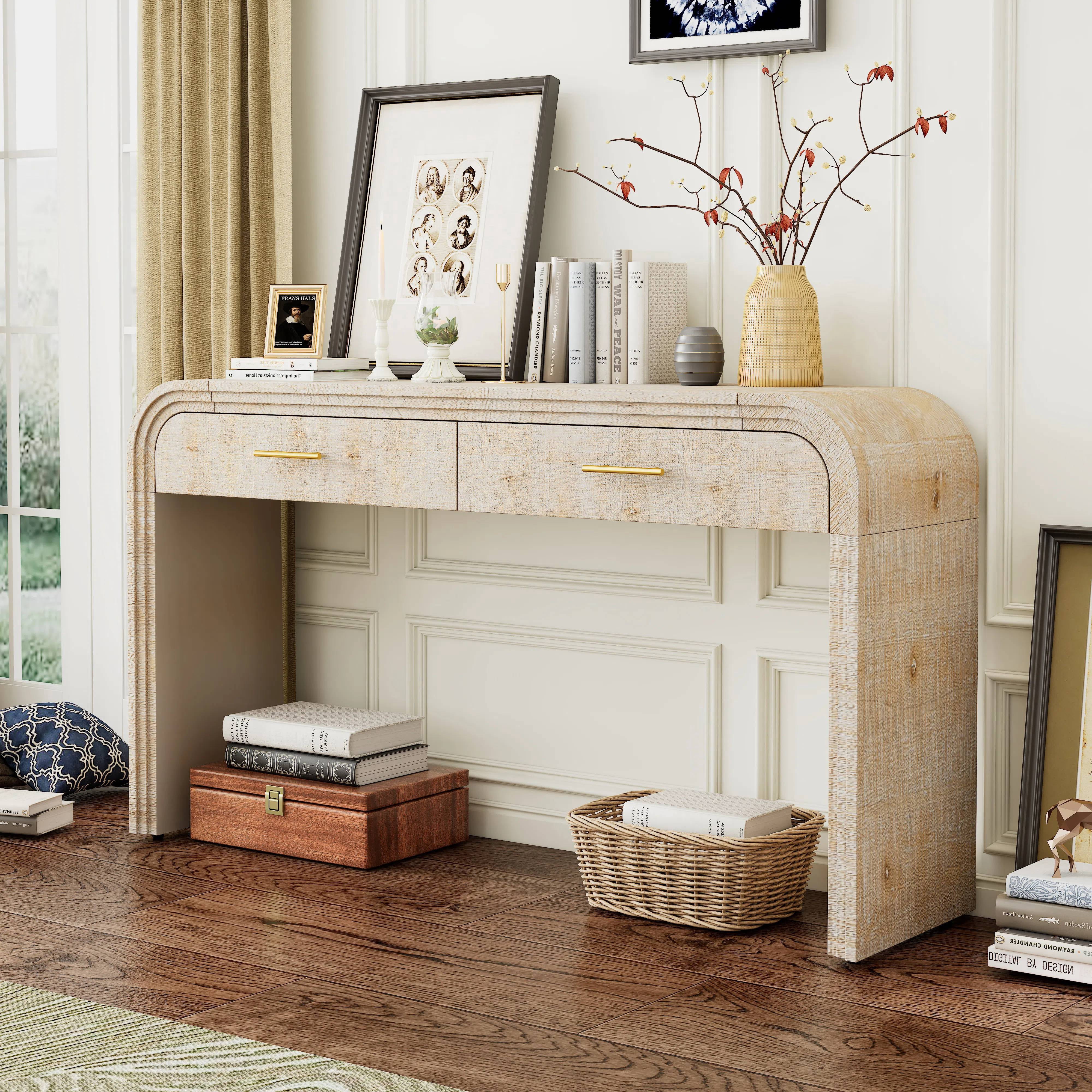 EUROCO 59" Console Table,Entryway Console Table with 2 Top Drawers and Open Style Design,Narrow Long Wood Sofa Table for Entrance, Living Room,Natural