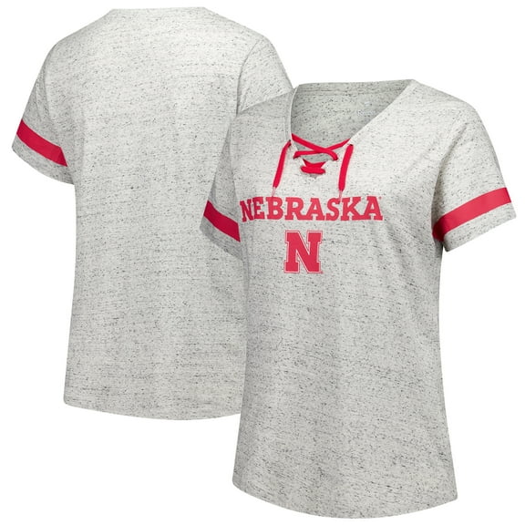 Women's Fanatics Heather Gray Nebraska Huskers Plus Size Lace-Up V-Neck T-Shirt