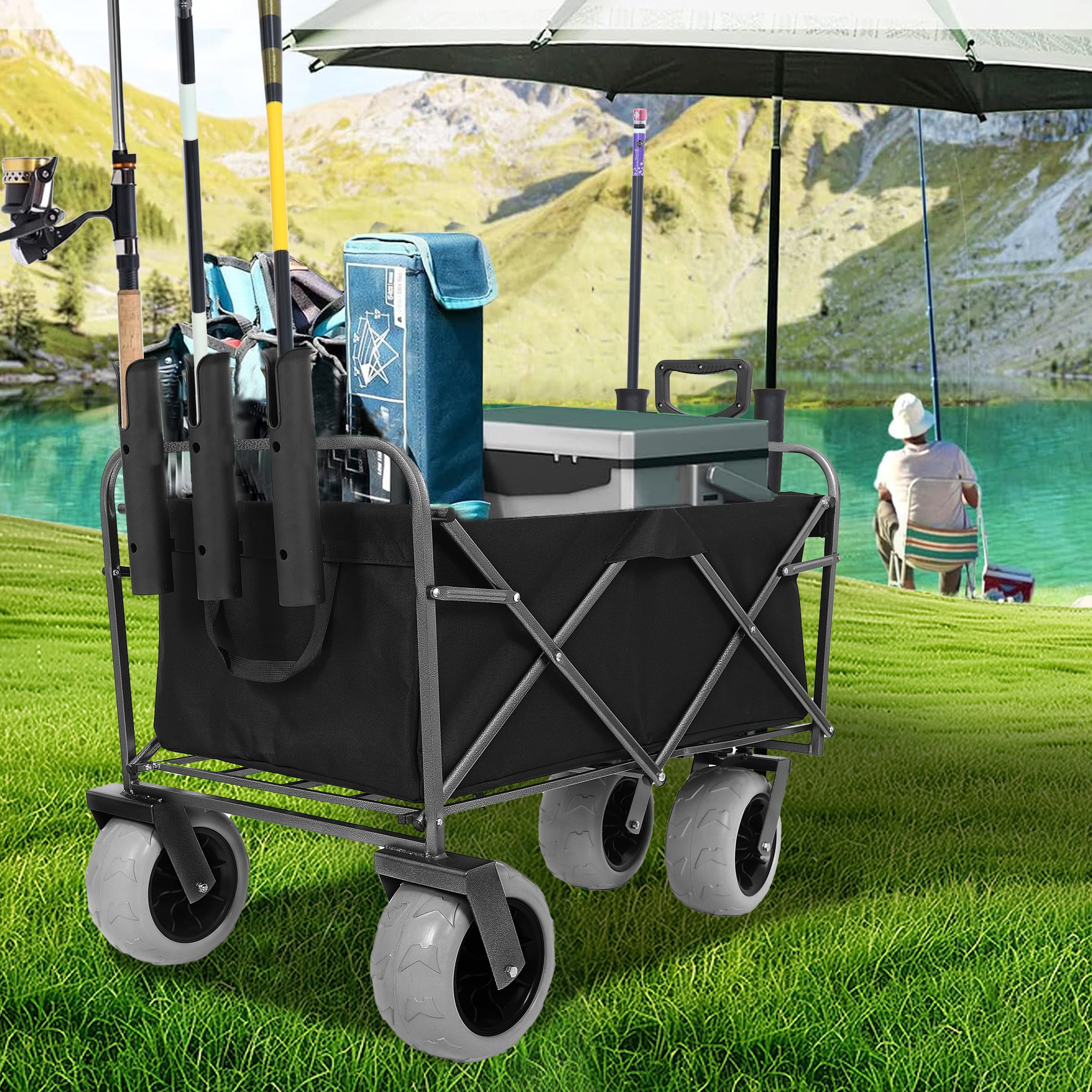 Fishing Cart with Rod Holders,Beach Wagon with Big Wheels for Sand 500lbs Capacity - All Terrain Steel Frame Utility Cart with 9" Pneumatic Tires,Strap with Bag
