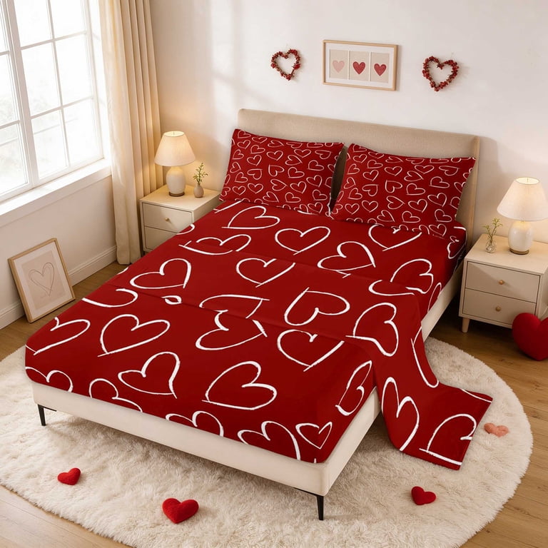 Erosebridal Outline Heart Valentine Chalk King Sheets for Girls, Red ...