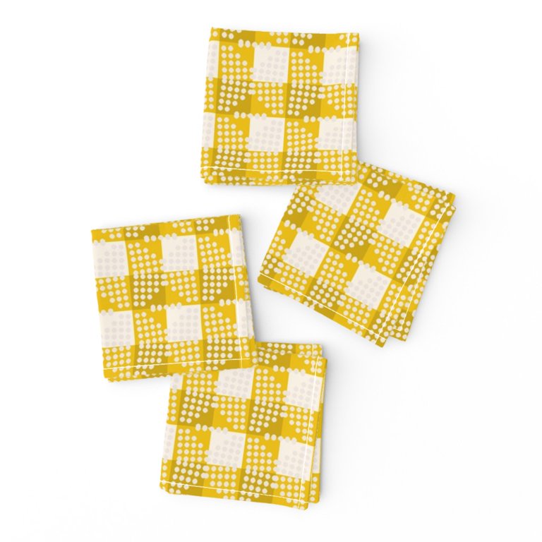 4 Cloth Napkins Plaid Yellow Cotton 13” Square