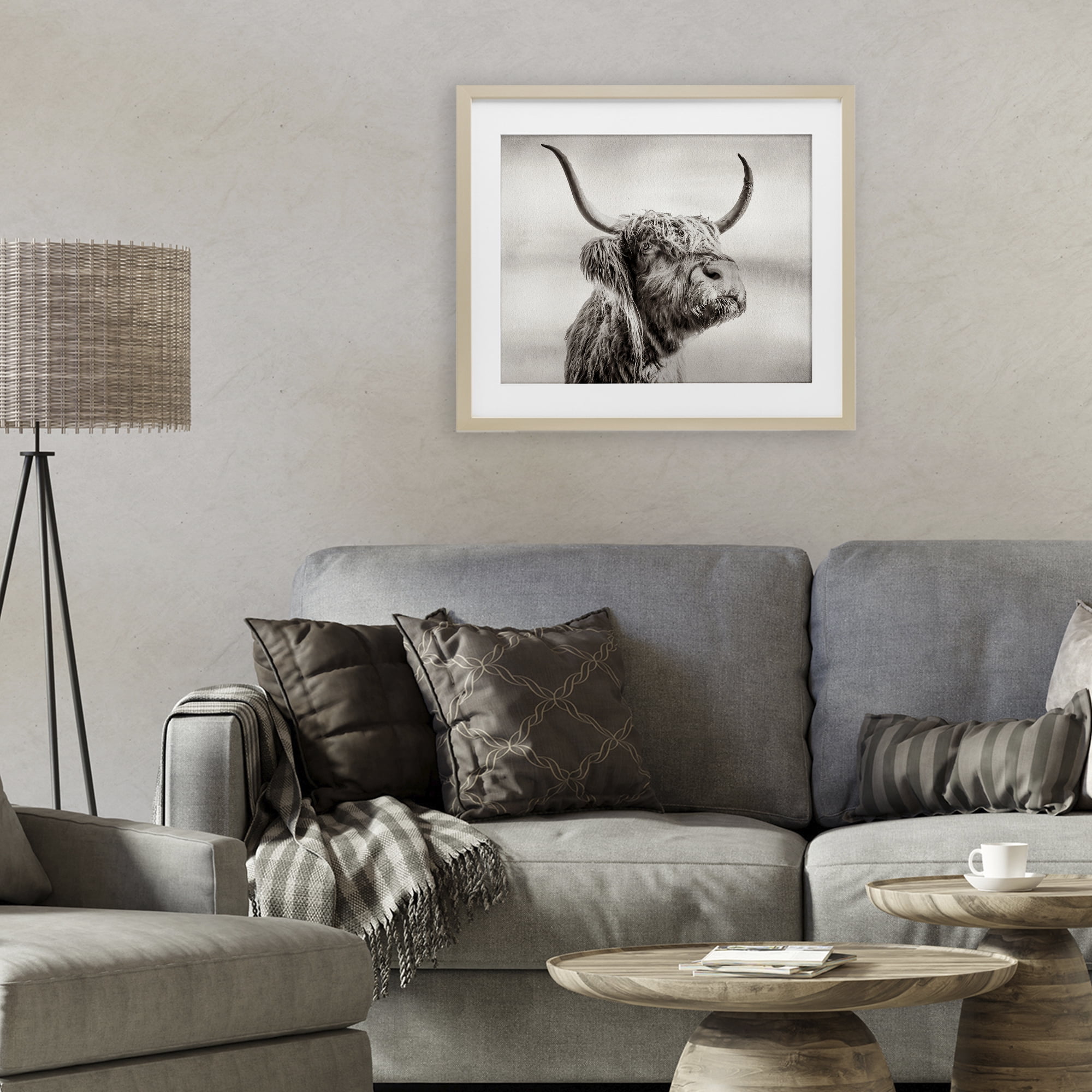Stupell Industries Horned Highland Cow Gazing Birch Framed Print Under Glass, design by Julia Frost