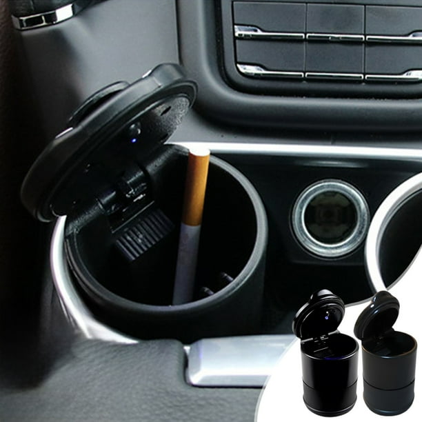 Cenicero universal para coche con luz LED y tapa - 7x7x9,5cm, diseño sellado sin humo, base de goma, soporte desmontable, luz azul, plástico