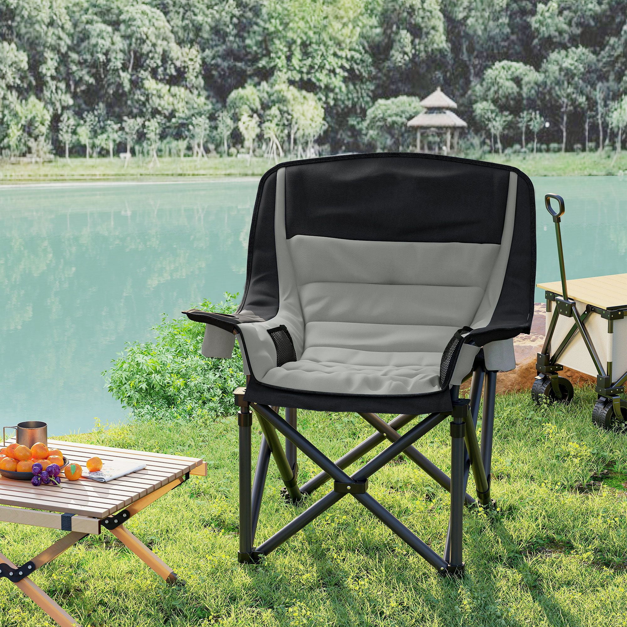 Padded Folding Camping Chair with Side Pockets & 2 Cup Holders, 600D Oxford Heavy Duty Metal Frame Portable Lawn Fishing Chair 265lbs Capacity with Carry Bag