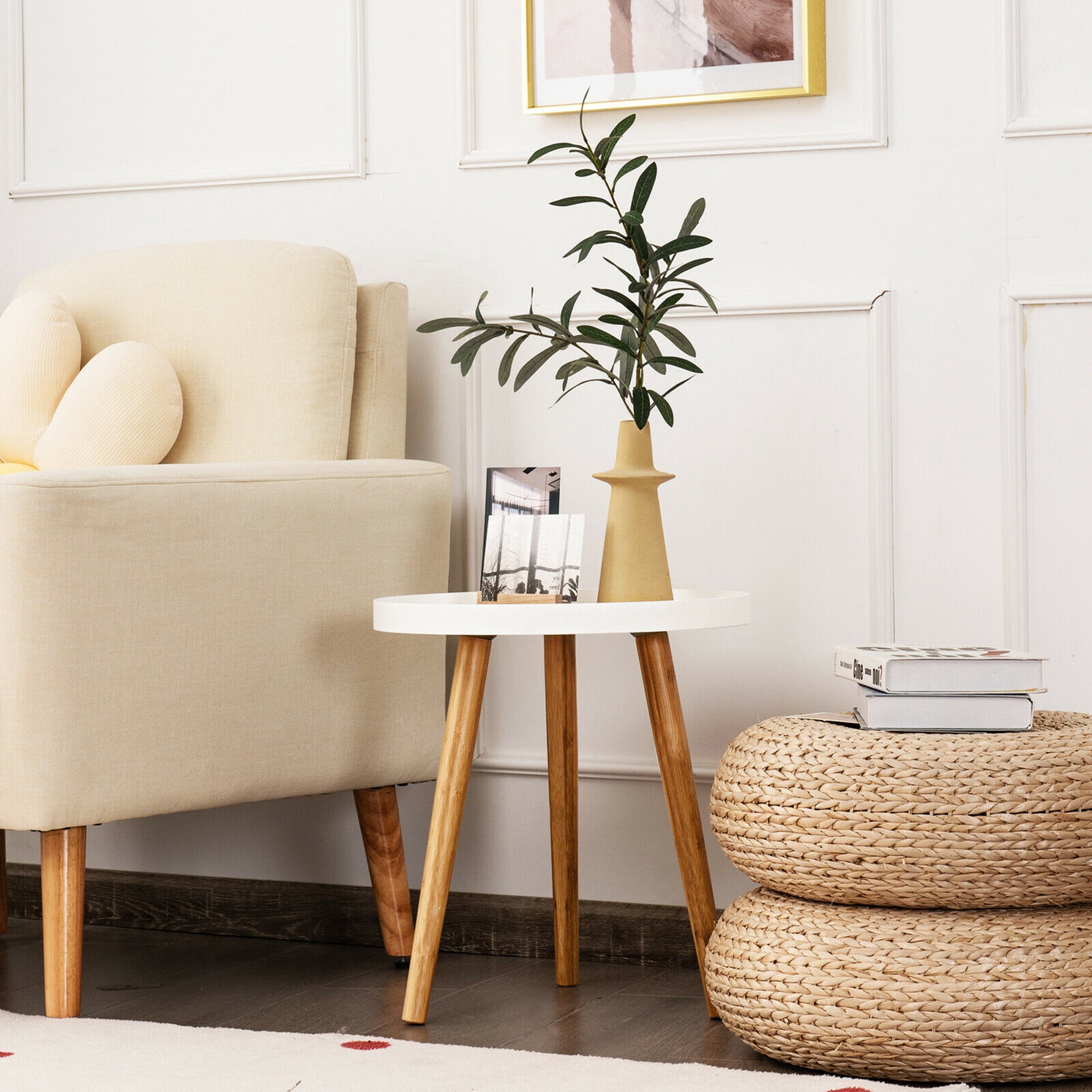 Gymax Wood Round Side Table, White/Brown