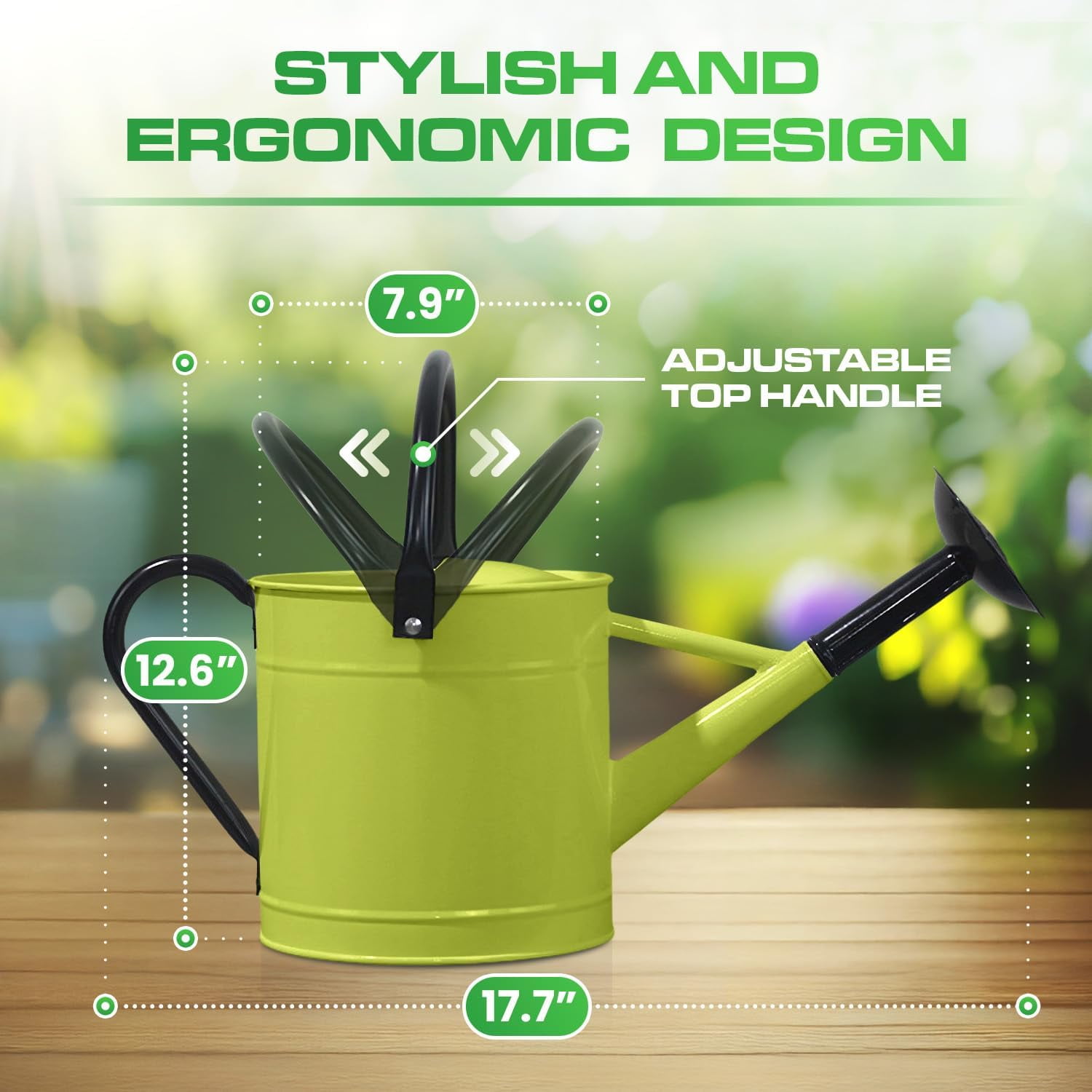 Plexon 1 Gallon Metal Watering Can Outdoor, Flower Plant Gardening Garden Large Green Watering Can Pot, Galvanized Steel Handles - Removable Spray Spout, Green