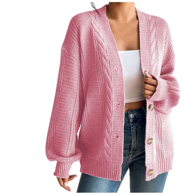 QUYUON Cardigans Blazer pour Femmes Rabais Cardigans Habillés à Manches Longues pour Femmes Cardigans Longs en Polyester Chandails Cardigan Veste Style Q-6428 Chandail Tricoté d'Hiver Manteau d'Extérieur Rose G