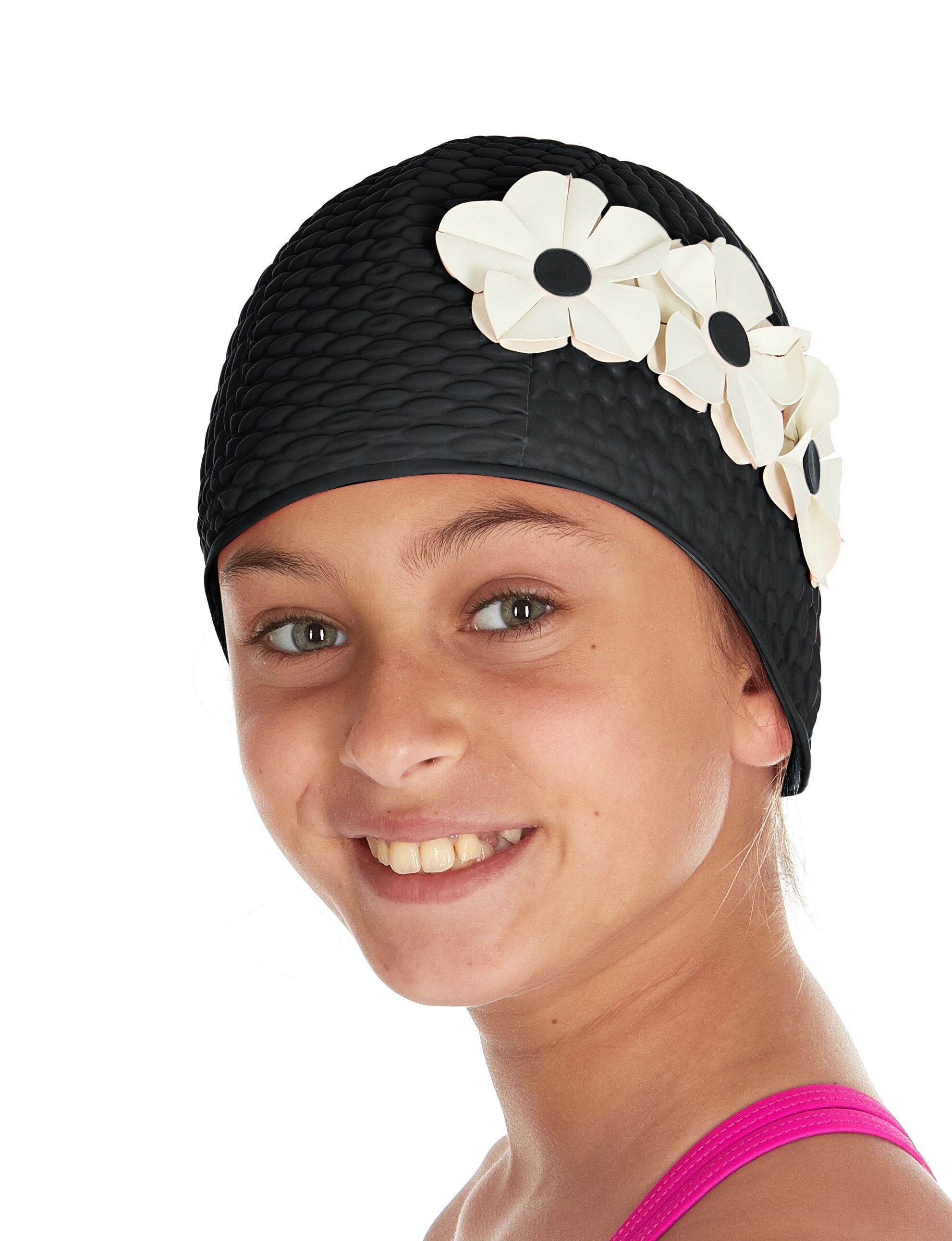 Beemo Kids girls Swim Caps Age 714 Latex 3 Flowers Black with White