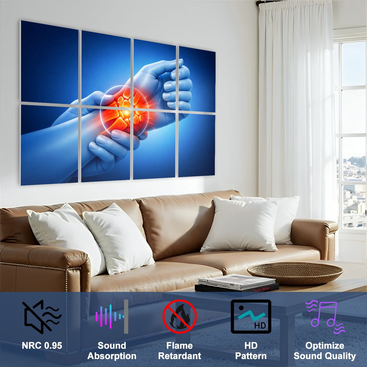Medical 8 Pack Art Acoustic Panels Sound Absorbing Human Wrist Joint Pain Red Inflammation Highlights Decorative Soundproof Wall Panels Self Adhesive for Classroom Hospital 48"x32"
