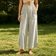 thumbnail image 5 of Oiangi Women's Wide Leg Pants Elastic Waist Curved Hem Ankle Pant Fall Casual Ruched Travel Trousers with Pockets White M, 5 of 6