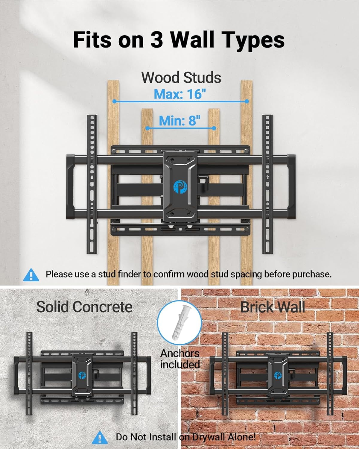 Full Motion TV Wall Mount for 42-85 inch Flat Screen LED TV up to 132lbs Swivel Dual Articulating Arms Mount, Tool-Free Tilt Bracket Max VESA 600x400mm, Fits 8” 12” 16" Wood Studs