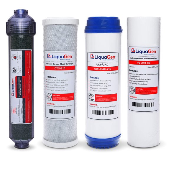 LiquaGen - Kit de Remplacement de Filtre Annuel à Osmose Inverse 5 Étapes (RODI) - Ensemble de Filtres Purificateur d'Eau Étape 1, 2, 3 & 5 pour Récif d'Aquarium, Aquarium, Jardinage & Plus / 0 TDS/PPM Eau