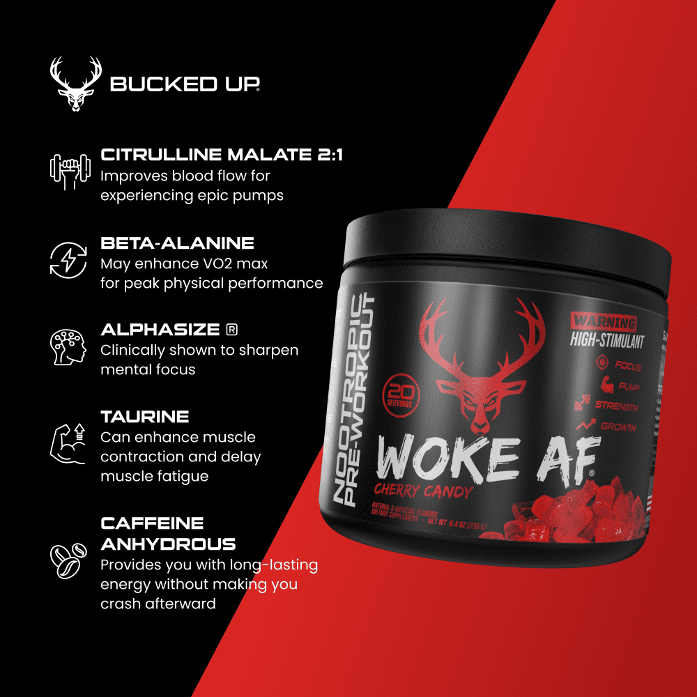 Bucked Up Woke AF Pre-Workout Powder, Increased Energy, Cherry Candy, 333 mg Caffeine, 20 Servings