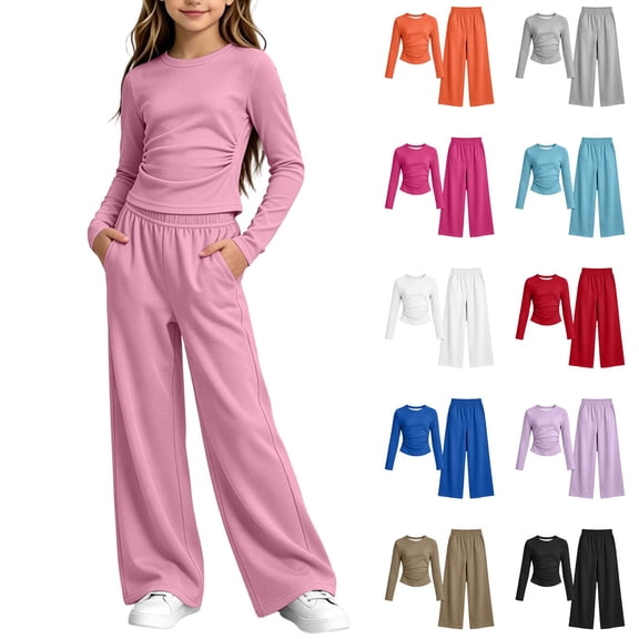 Girls 2 Piece Loungewear Set, Long Sleeve Crop Top and Wide Leg Pants, Soft Casual Outfit for Girls Everyday Lounging and Going | Akmoler,Black 5-6 Years