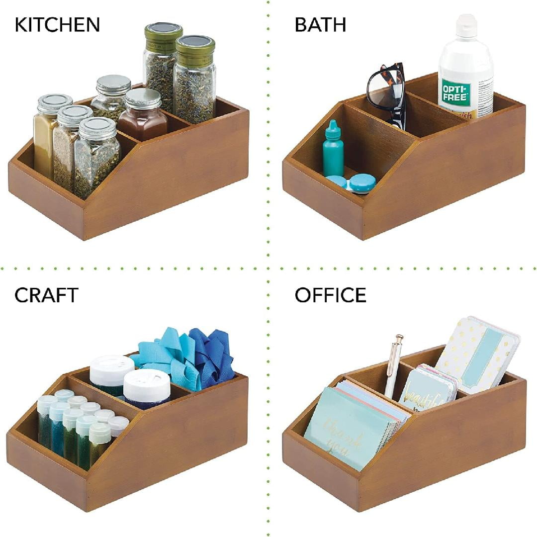 Bamboo Wood Food Storage Bin with Divided 3 Compartments and Sloped