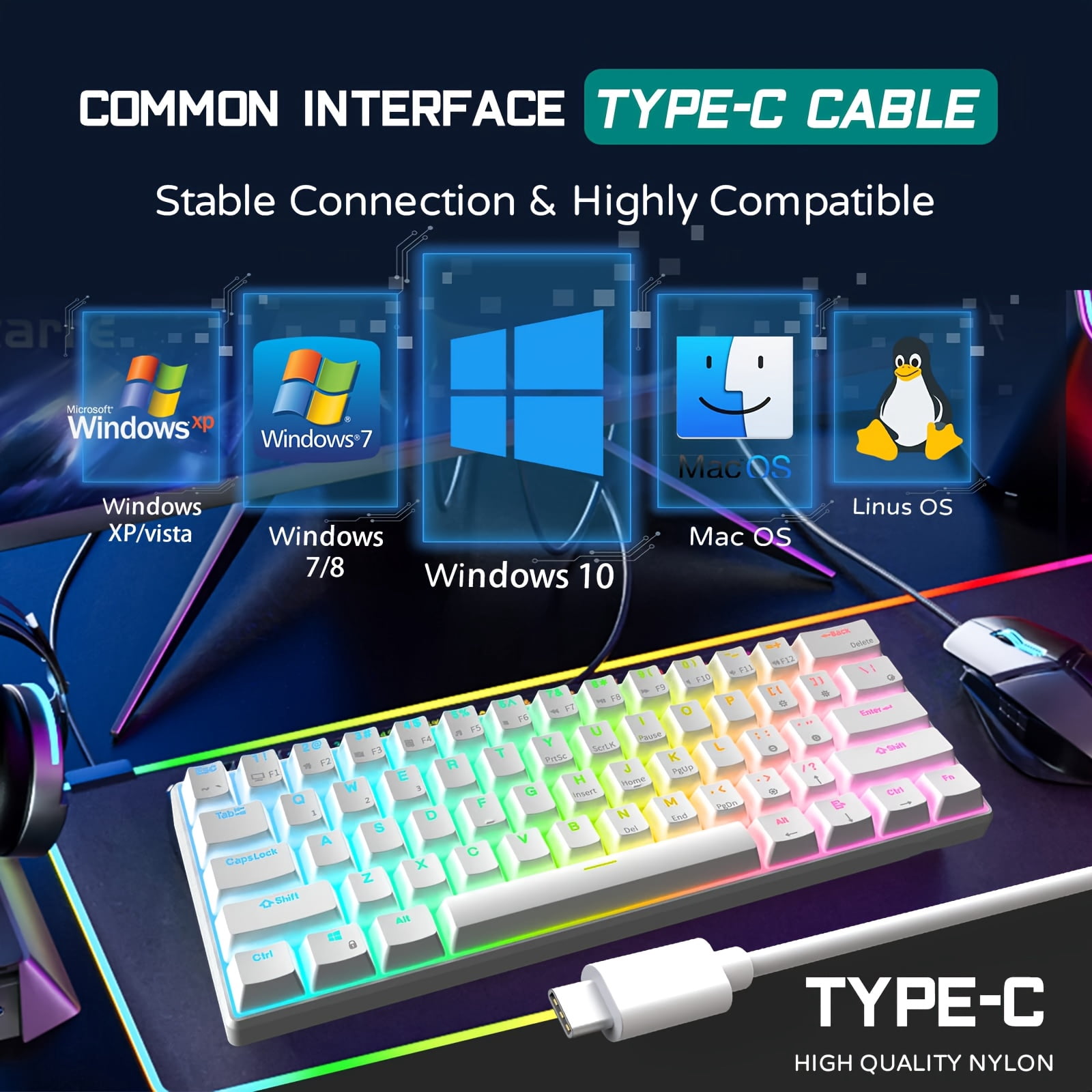Fanruina Wired 60% Mechanical Gaming Keyboard, ultra-compact 61 keys layout with crisp blue switches