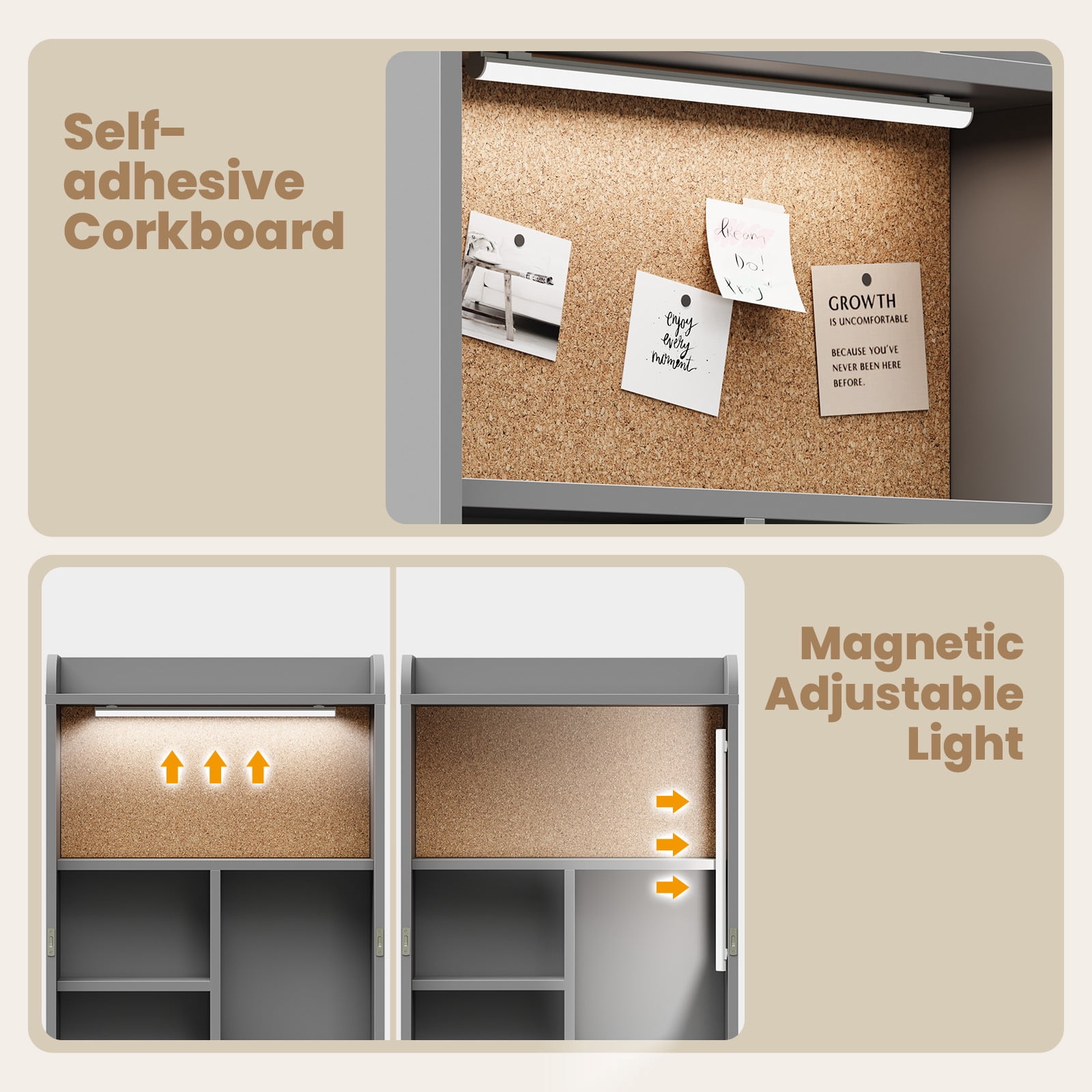 Advwin Wall Mounted Folding Murphy Desk with LED Light & Corkboard, Fold-Out Convertible Writing Table with Shelves & Magnetic Blackboard, Space-Saving Desk for Small Spaces & Home Office, Gray