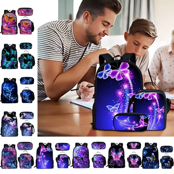 Juego de mochila de 3 piezas con bolsa de comida y estuche para lápices - poliéster 900D, gran capacidad, correas ajustables, respaldo acolchado, patrones divertidos