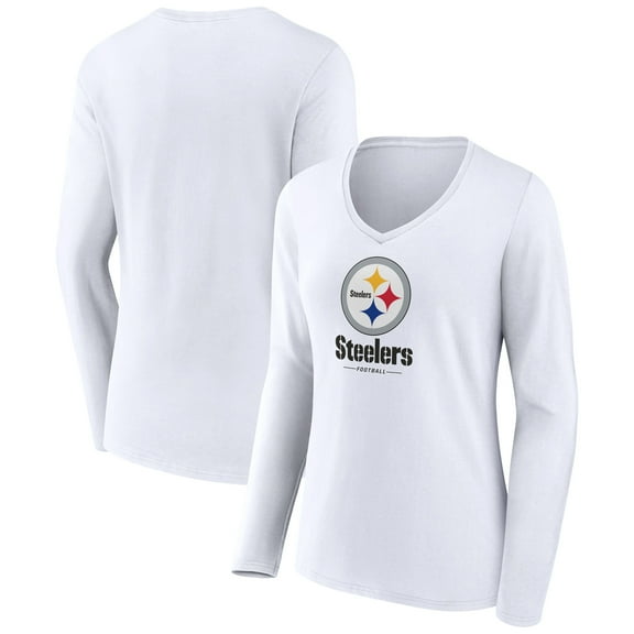 Women's White Pittsburgh Steelers Logo Team Lockup Long Sleeve V-Neck T-Shirt