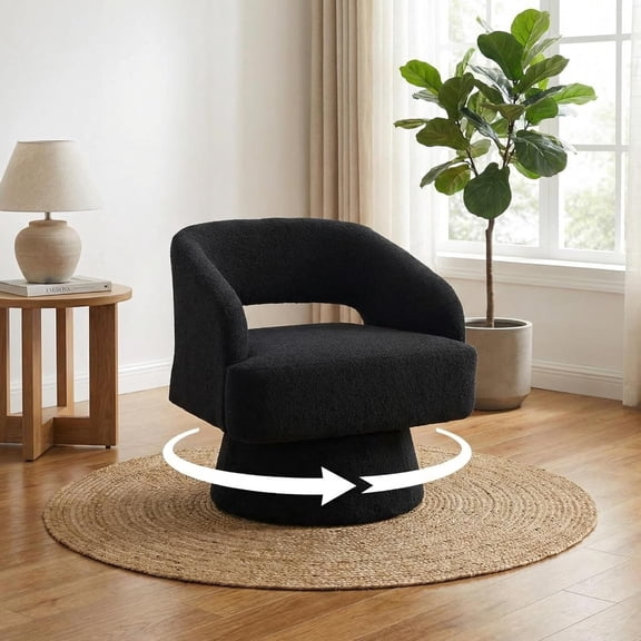 Modern Swivel Barrel Accent Chair, 360° Velvet Upholstered Armchair with Striped Backrest & Plush Padding, Comfy Round Lounge Chair (1, Black Hollowed)