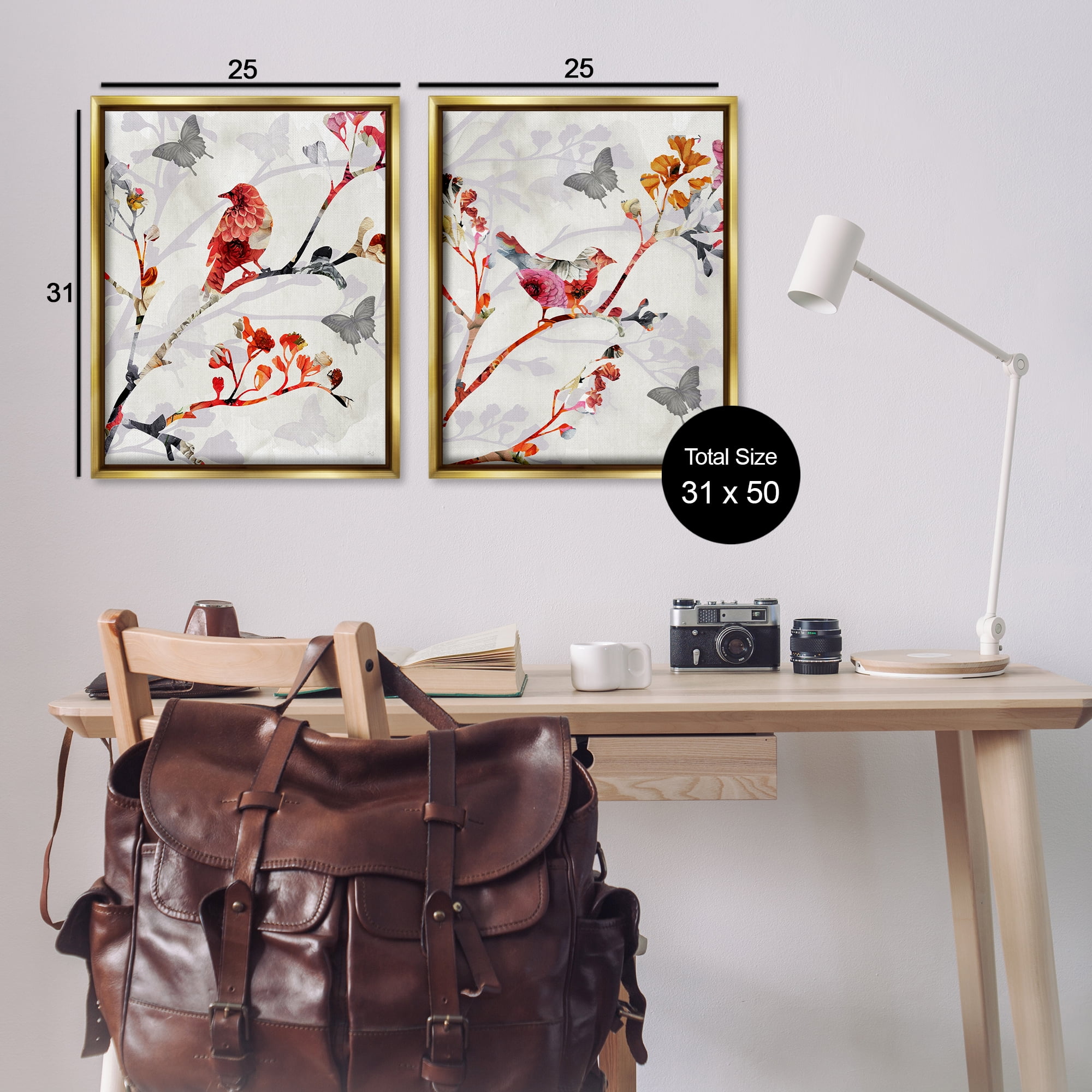 Stupell Industries Flower Birds on Branch Animals Painting Gold Floater Framed Canvas Art Print Wall Art, 31 x 25, Set of 2