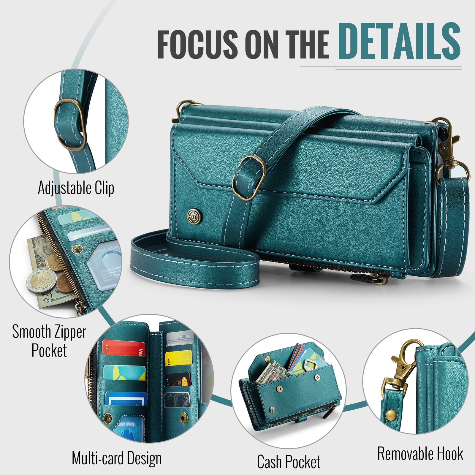 for Samsung Galaxy A14 5G Full Body Protection Wallet Folio Flip Case, Shoulder Strap & Wristlet Card Slots Zipper Pocket RFID Blocking Rugged Durable PU Leather Phone Case Cover, Green