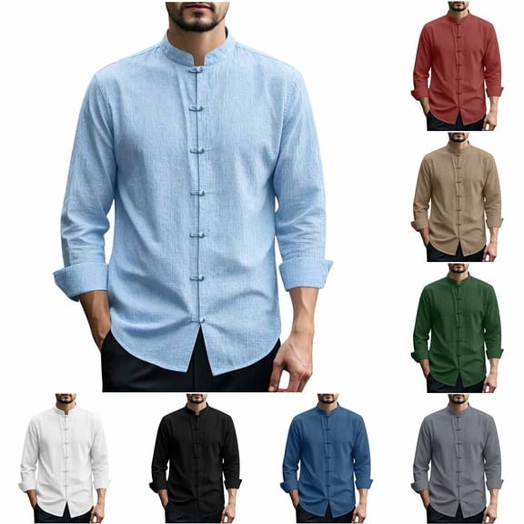 UVEASISHA Mens Cotton Linen Shirts Roll Up Long Sleeve Stand Collar Beach Shirt Lightweight Casual Chinese Frog Button Work Shirts Solid Color Collarless Tops Army Green L