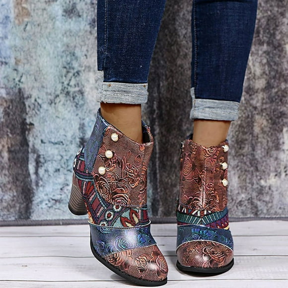LSLJS Women's Casual Shoes Ethnic Wind Heel Stitching Women's Leather Boots Short Boots Women's Shoes, Women's Ankle Boots & Booties, Womens Boots