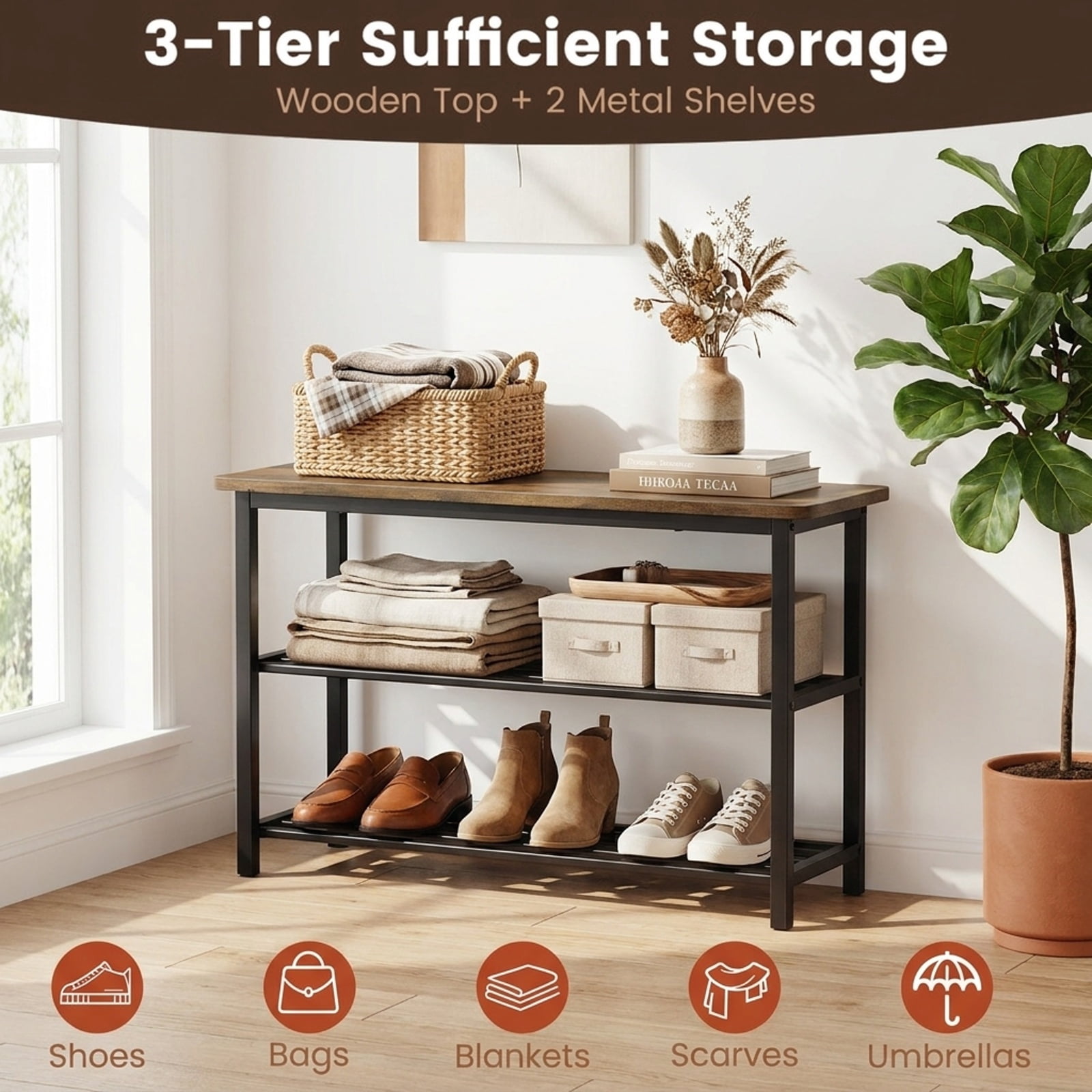 Furnibear 3 Tier Shoe Rack Bench with Metal Slat Shelves and Long Wooden Seat for Entryway Hallway Shoe Storage Bench, Rustic Brown