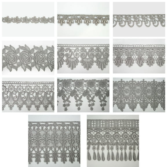 5/8" to 5-1/8" Wide Silver Floral Embroidery Venice Lace Guipure Trim by Yard