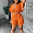 thumbnail image 4 of REORIAFEE Womens Outfits 80s Outfit Women's Ruffle Short Sleeve V Neck Top Casual Shorts Summer Plus Size Women Suits Orange L, 4 of 8