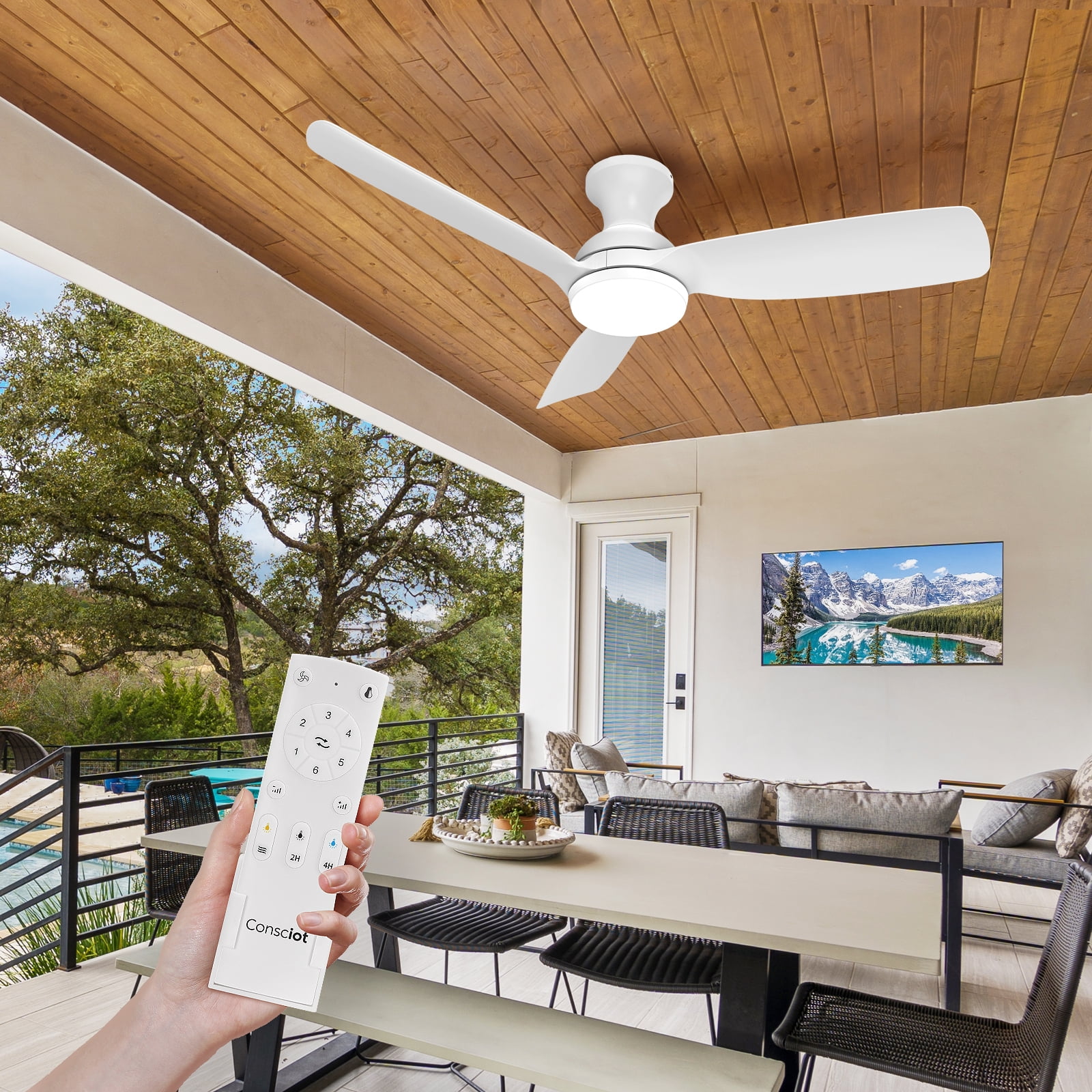 Consciot 44 inch Ceiling Fan with Light, 3 Blades, Remote Control, Reverse Airflow, 6 Speeds, Dimmable, White