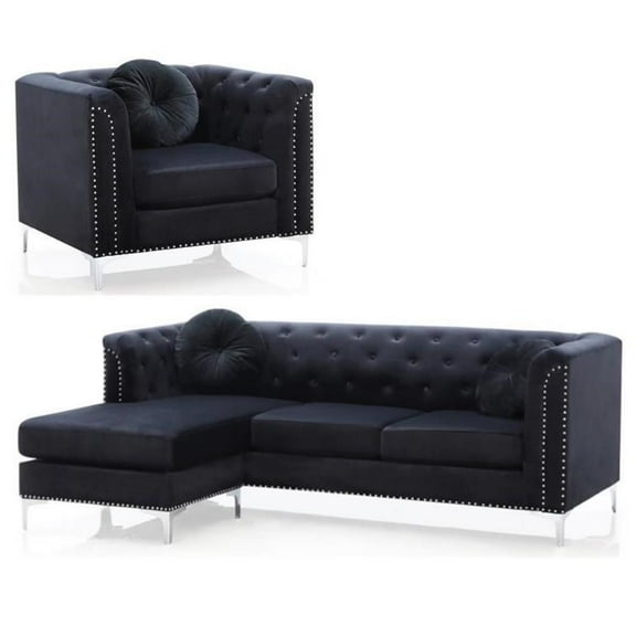 Home Square 2-Piece Set with Velvet Sofa Chaise and Chair in Black