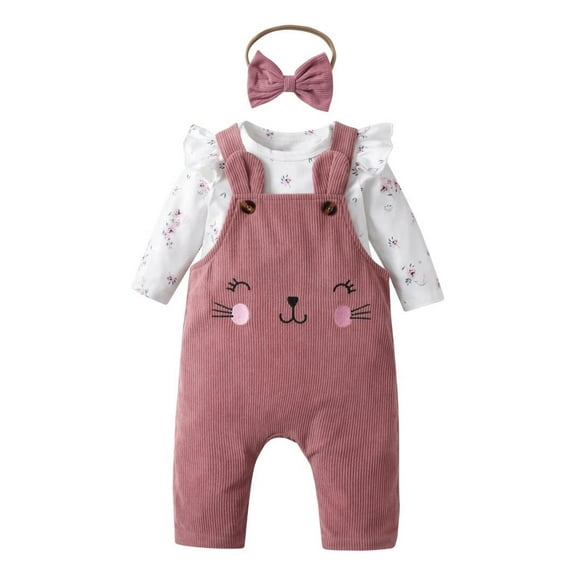 Baby Girl Clothes Print Romper   Suspender Pants  Headband Outfit Set Pink 0-3 Months