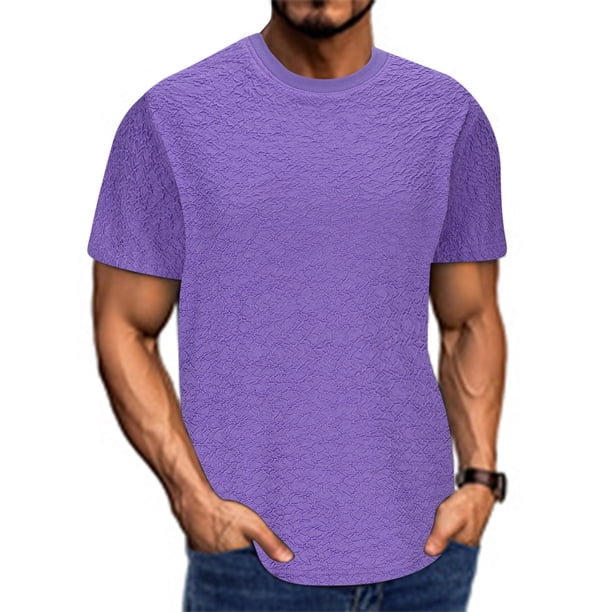 Blusas y camisas de manga corta y cuello redondo para hombre, blusas de ocio para hombre con textura, color liso, elásticas, de manga corta y cuello redondo.