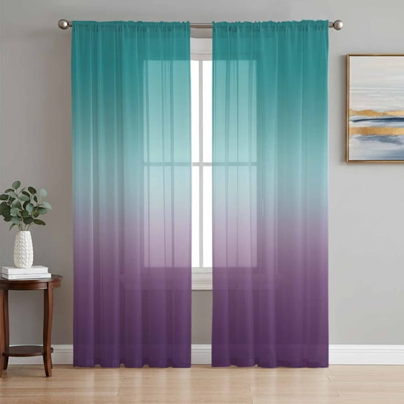 Teal Purple Ombre Semi Sheer Window Curtains 63 Inches Long, Turquoise Gradient Modern Abstract Art Rod Pocket Voile Silky Chiffon Curtain Light Filtering Drapes for Living Room, 52"x63", 2 Panels