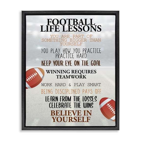 Football Life Lessons Black Framed Floater Canvas Wall Art, design by Kim Allen