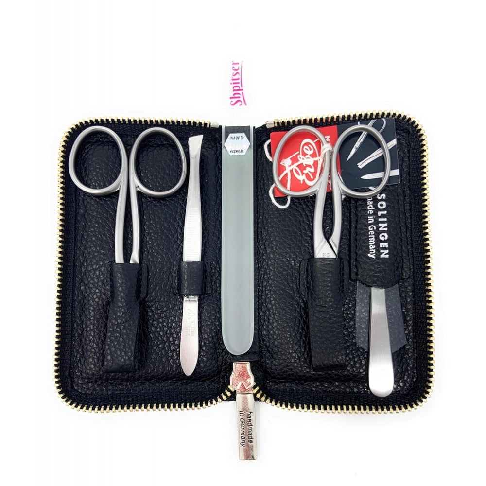 Shpitser Solingen 4 pcs Surgical Stainless Steel German Manicure Set Grooming Kit In Luxury Genuine Leather Case Made in Solingen Germany With BONUS: SHPITSER Crystal glass Nail File
