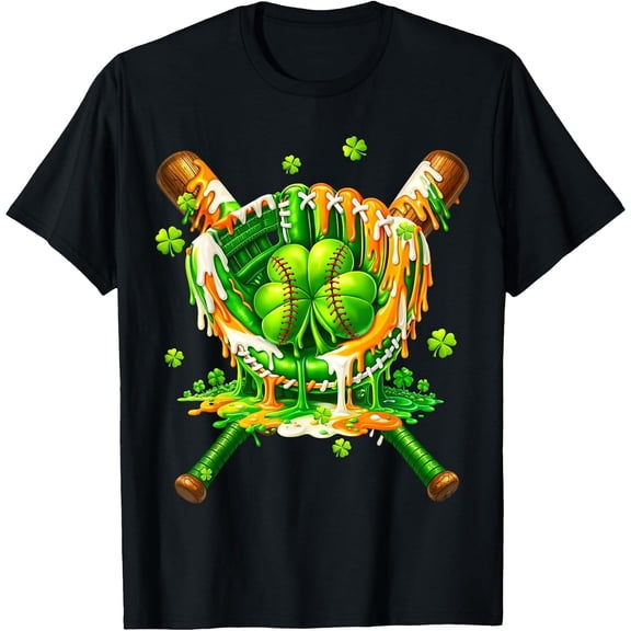 St Patricks Day Baseball Drip Ice Cream Shamrock Boys Girls T-Shirt, T-Shirt for Kids Youth, 180gsm, 100% Cotton