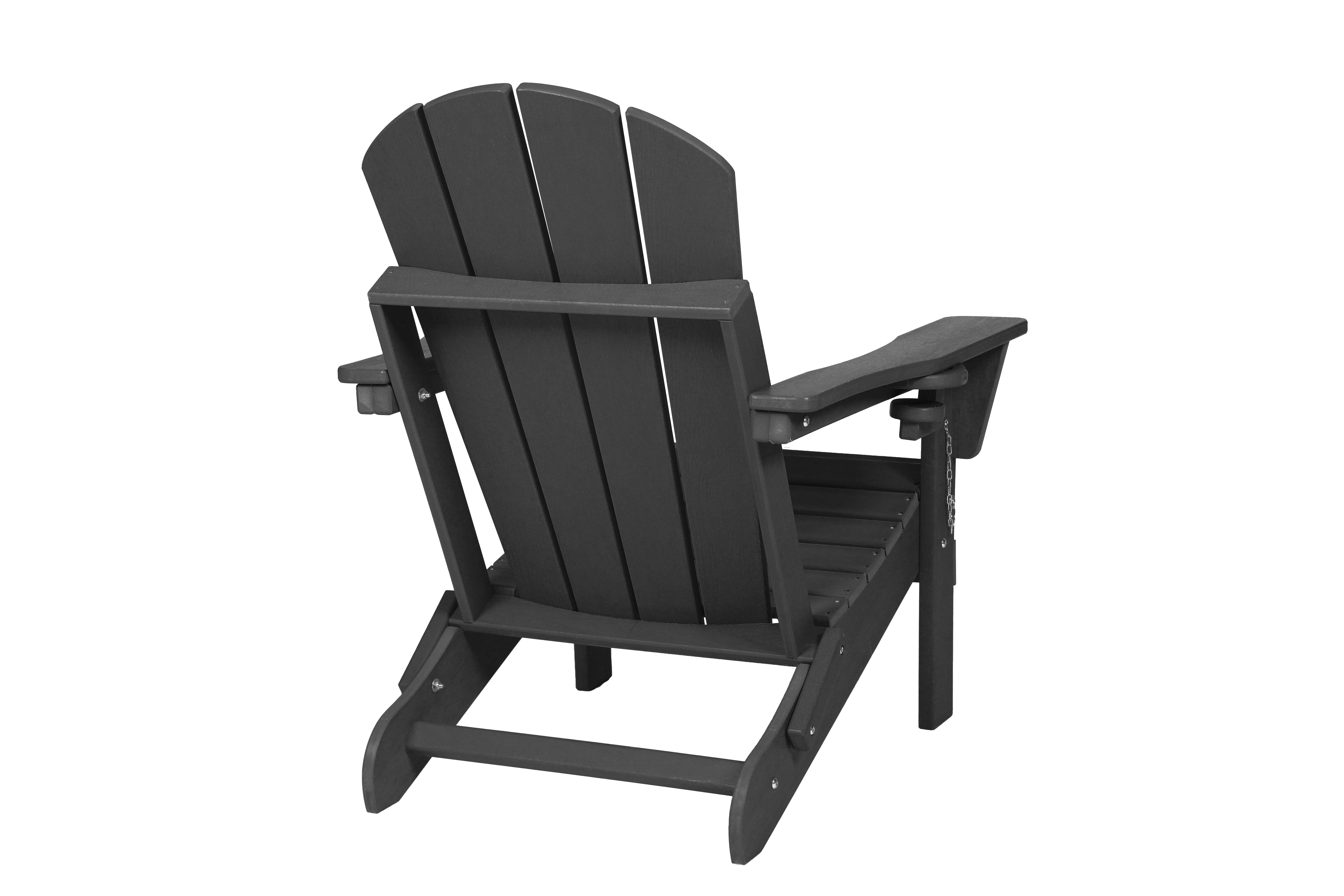 Gray HDPE Folding Adirondack Chair with Dual Cup Holders, Wood‑Textured Weather‑Resistant Composite Outdoor Patio Lounge Chair