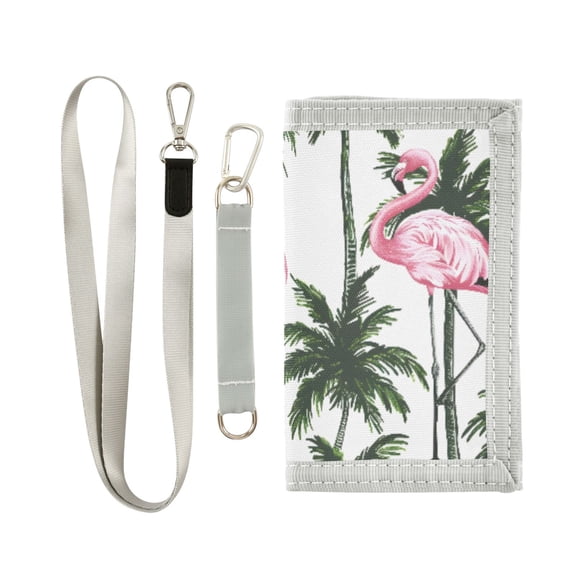 JIALIOU Nylon Trifold Card Wallet with ID Window Zipper Pocket for Men Women Teen Flamingos and Palm Trees