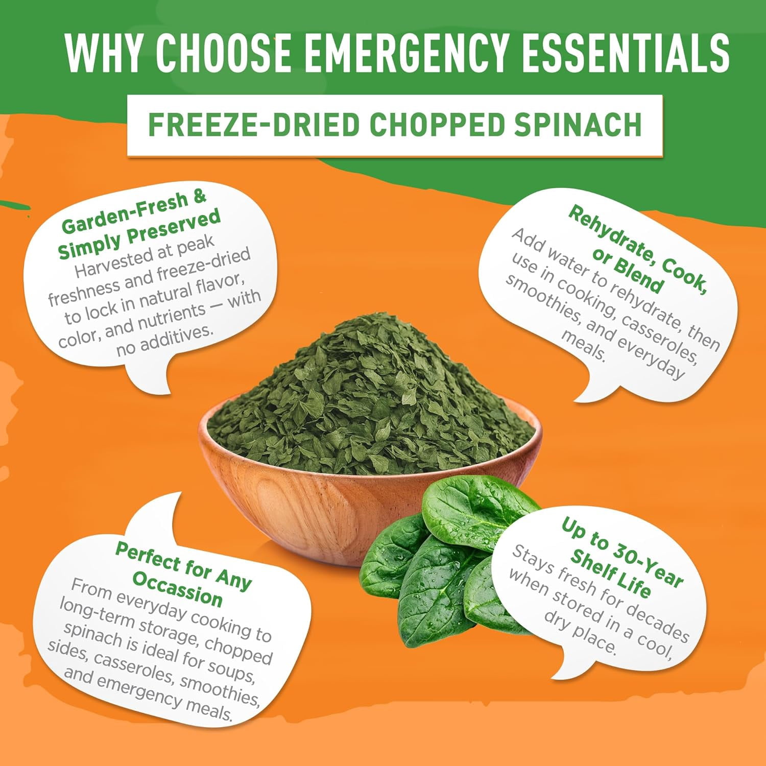 Emergency Essentials Freeze-Dried Chopped Spinach | Real Spinach for Everyday Cooking & Long-Term Food Storage | #10 Can | 15 Servings | Plant-Based Pantry Staple