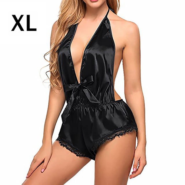 Mono encantador con escote en V profundo y encantador Body encantador con borde de encaje liso, XL, negro Inevent XX000130-22