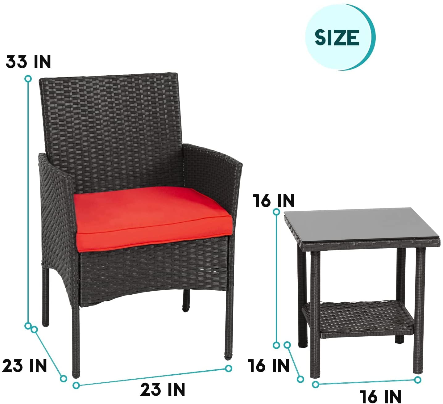 3 Pieces Outdoor Patio Furniture Wicker Table and Chairs Set Bar Set with Cushioned Tempered Glass, Red